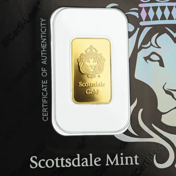 Scottsdale 獅王金條 5公克 正面獅王圖樣與純度標示