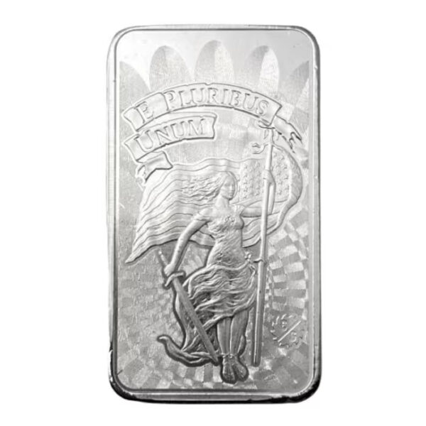 alt="CutSaw Mint 團結自由銀條 5oz 正面自由女神圖案"