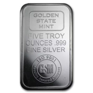 金州鑄幣廠 5oz 銀條正面 GSM 標誌與重量純度標記