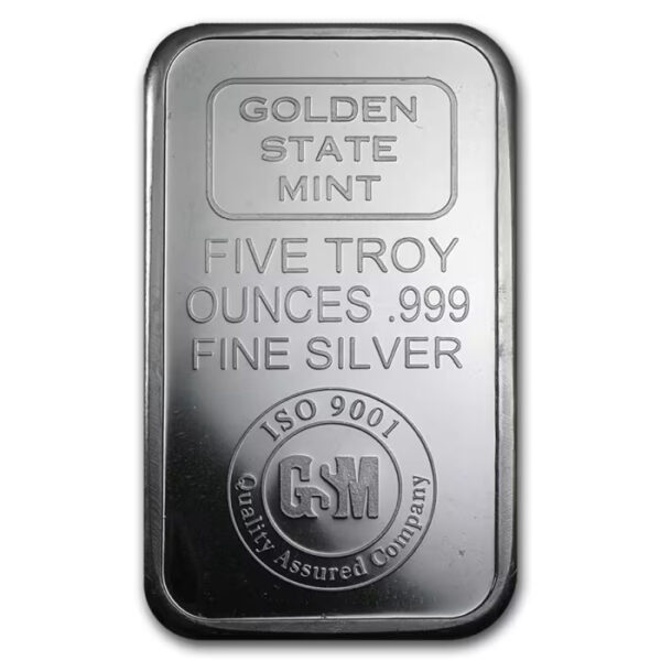 金州鑄幣廠 5oz 銀條正面 GSM 標誌與重量純度標記