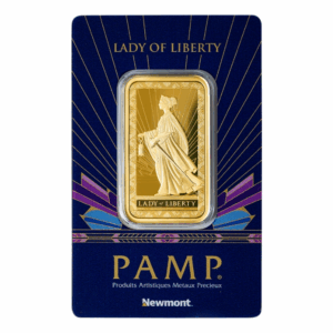 PAMP 自由女神金條 1 盎司 檢驗卡裝，藍底金色放射線條設計