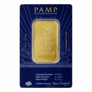 PAMP 自由女神金條 1 盎司 背面，PAMP 標誌、重量與純度刻印