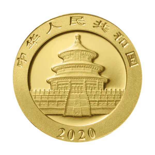 中國熊貓金幣正面圖案，展示天壇祈年殿設計