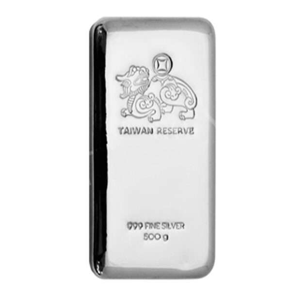 台灣儲備白銀條 500克 正面圖樣 招財貔貅與品牌字樣