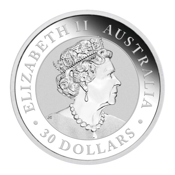 2022 澳洲笑鴗鳥銀幣 1 公斤 背面，英國女王伊莉莎白二世肖像