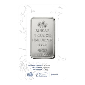 PAMP Lady Fortuna 銀條 1 盎司 正反面展示（瑞士 PAMP SUISSE 財富女神設計）