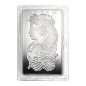 PAMP Lady Fortuna 銀條 5 盎司 正反面展示（瑞士 PAMP SUISSE 財富女神系列）