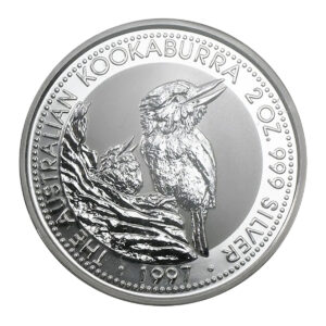 1997 柏斯鑄幣廠 笑鴗鳥銀幣 2 盎司 正反面展示（Kookaburra 親雛圖案）