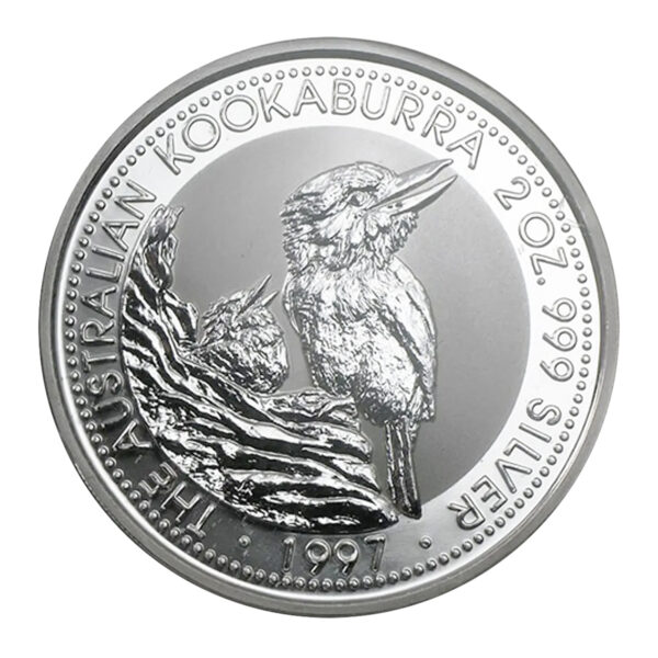 1997 柏斯鑄幣廠 笑鴗鳥銀幣 2 盎司 正反面展示（Kookaburra 親雛圖案）