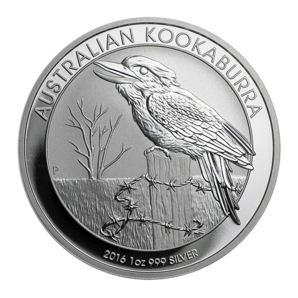 柏斯鑄幣廠 2016 笑鴗鳥銀幣 1 盎司 正反面展示（Kookaburra 圍欄設計）