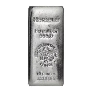 賀利氏 Argor-Heraeus 10 盎司銀條 正反面展示（Ag 9999 澆鑄條・LBMA 認證）